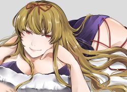 Rule 34 | 1girl, alternate costume, ass, bad id, bad pixiv id, blonde hair, breast press, breasts, cleavage, dress, gensei ruri, hair ribbon, hand on own cheek, hand on own face, large breasts, lips, long hair, looking at viewer, lying, on stomach, pillow, purple dress, red eyes, ribbon, shiny clothes, side slit, sidelocks, smile, solo, thighs, touhou, very long hair, yakumo yukari