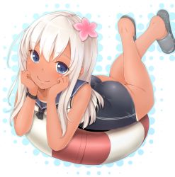 Rule 34 | 10s, 1girl, bad id, bad pixiv id, blonde hair, blue eyes, blush, crop top, dabadhi, flower, hair flower, hair ornament, highres, kantai collection, lifebuoy, long hair, looking at viewer, one-piece swimsuit, open mouth, ro-500 (kancolle), sailor collar, school swimsuit, school uniform, serafuku, smile, solo, swim ring, swimsuit, tan, tanline
