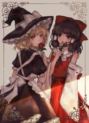 Rule 34 | 2girls, absurdres, apron, ascot, back bow, blonde hair, blush, border, bow, braid, brown hair, closed mouth, commentary request, detached sleeves, flower, hair bow, hair tubes, hakurei reimu, hanaya (fleur), hat, hat bow, highres, holding, holding flower, inset border, kirisame marisa, long hair, multiple girls, ornate border, red ascot, red bow, red eyes, red flower, red skirt, ribbon-trimmed sleeves, ribbon trim, short sleeves, side braid, single braid, skirt, skirt set, smile, touhou, white bow, witch hat, yellow eyes, yellow flower