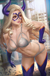 Rule 34 | 1girl, blonde hair, boku no hero academia, bra, breasts, collarbone, construction site, cowboy shot, domino mask, drill hair, gloves, hand on own hip, horns, large breasts, long hair, mask, mount lady, navel, neoartcore, paid reward available, panties, purple eyes, purple gloves, purple horns, purple mask, purple thighhighs, solo, thighhighs, underwear, white bra, white panties