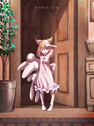 Rule 34 | 1girl, animal ears, bad id, bad pixiv id, bare shoulders, brown eyes, door, dress, flower pot, frilled skirt, frilled sleeves, frills, hand up, highres, holding, holding stuffed toy, long hair, night clothes, original, plant, red eyes, satyuas, shading eyes, skirt, solo, stuffed animal, stuffed rabbit, stuffed toy