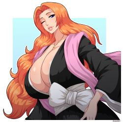 Rule 34 | 1girl, absurdres, black kimono, bleach, blue eyes, breasts, cleavage, clothes, collar, female focus, highres, japanese clothes, jewelry, kimono, large breasts, lips, long hair, looking at viewer, matsumoto rangiku, mature female, necklace, one eye closed, orange hair, pink scarf, scarf, simmsy, smile, solo, tagme, very long hair