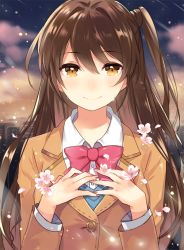 Rule 34 | 10s, 1girl, apring, bad id, bad pixiv id, blazer, bow, bowtie, brown eyes, brown hair, brown jacket, buttons, city, cloud, cloudy sky, collared shirt, crying, crying with eyes open, flower, hair between eyes, hands on own chest, idolmaster, idolmaster cinderella girls, jacket, long hair, looking at viewer, matching hair/eyes, petals, pink flower, red bow, red bowtie, shimamura uzuki, shirt, side ponytail, sky, smile, solo, tears, upper body, white shirt