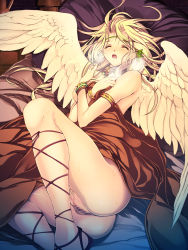 Rule 34 | 1girl, angel, angel wings, ankle lace-up, armlet, ass, atashi no kakedashi yuusha-sama, bed, bed sheet, blonde hair, blush, bracelet, breath, censored, covering privates, cross-laced footwear, crossed arms, earrings, closed eyes, feathered wings, female pubic hair, fingernails, head wreath, highres, jewelry, long hair, lots of jewelry, lying, mosaic censoring, necklace, nipples, nude cover, on back, open mouth, pillow, pubic hair, pussy, reitou shijimi, ribbon, sandals, shijimi (osumashi), shoes, solo, sweat, white wings, wings