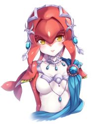 Rule 34 | 1girl, blush, breasts, capelet, colored skin, fins, fish girl, hair ornament, head tilt, highres, jewelry, looking at viewer, medium breasts, mipha, monster girl, multicolored skin, necklace, nintendo, simple background, smile, solo, the legend of zelda, the legend of zelda: breath of the wild, upper body, white background, yellow eyes, yuki usagi (snowcanvas), zora