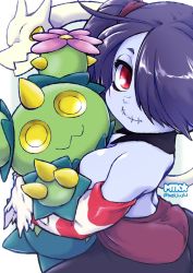 Rule 34 | 1girl, blue hair, blue skin, cactus, colored skin, creatures (company), crossover, detached collar, detached sleeves, flower, from above, game freak, gen 5 pokemon, hair over one eye, highres, leviathan (skullgirls), maractus, mtk hoshi, nintendo, pokemon, pokemon (creature), side ponytail, skullgirls, smile, squigly (skullgirls), stitched mouth, stitches, striped, white background, yellow eyes, zombie