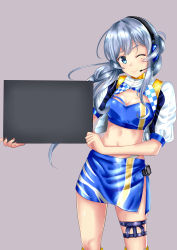 Rule 34 | 1girl, ;), absurdres, bandeau, blue bandeau, blue hair, breasts, cleavage, cowboy shot, gotland (kancolle), hair bun, headset, highres, himura moritaka, kantai collection, long hair, looking at viewer, midriff, mole, mole under eye, navel, official alternate costume, one eye closed, purple background, race queen, simple background, single hair bun, smile, solo, thigh strap