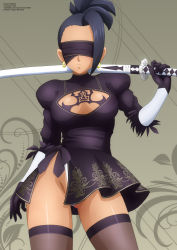 Rule 34 | 1girl, absurdres, black gloves, black hair, black shirt, black skirt, black thighhighs, blindfold, blush, breasts, cleavage, cleavage cutout, clothing cutout, collarbone, cosplay, crossover, dragon ball, dragon ball super, earrings, gloves, grey background, highleg, highleg leotard, highres, holding, jewelry, kale (dragon ball), katana, large breasts, leotard, long hair, long sleeves, nier (series), nier:automata, over shoulder, ponytail, puffy sleeves, shirt, short hair, side slit, skirt, square enix, standing, sword, sword over shoulder, thighhighs, weapon, weapon over shoulder, white leotard, 2b (nier:automata), 2b (nier:automata) (cosplay), zel-sama