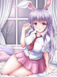 Rule 34 | 1girl, akino irori, animal ears, blouse, blush, breasts, collarbone, commentary, commentary request, highres, indoors, large breasts, light purple hair, long hair, looking at viewer, medium skirt, necktie, open mouth, pink skirt, pleated skirt, rabbit ears, red eyes, red necktie, reisen udongein inaba, shirt, sitting, skirt, solo, touhou, very long hair, white shirt