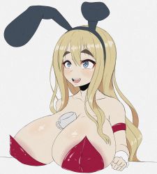 Rule 34 | 1girl, animal ears, armlet, between breasts, blonde hair, blue eyes, blush, breast rest, breasts, cleavage, collarbone, covered erect nipples, cup, fake animal ears, hairband, heart, heart-shaped pupils, highres, huge breasts, k-on!, kotobuki tsumugi, leotard, long hair, open mouth, playboy bunny, rabbit ears, smile, solo, symbol-shaped pupils, teacup, thick thighs, thighs, upper body, white background, wrist cuffs, young savage