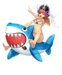 Rule 34 | 1girl, barefoot, bertha bernstein, bikini, bow, earrings, feet, full body, gradient hair, hair bow, hat, hat feather, jewelry, long hair, multicolored hair, official art, open mouth, orange hair, smoking pipe, pipe in mouth, pirate hat, pointing, pointing forward, red eyes, red hair, riding, skull and crossbones, soles, solo, super robot wars, super robot wars x-omega, swimsuit, teeth, toes, transparent background, upper teeth only, watanabe wataru (character designer), wet