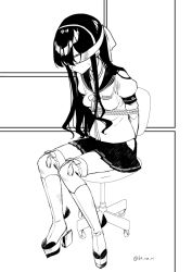 Rule 34 | 1girl, arms behind back, blindfold, boots, bound, bow legwear, breasts, chair, full body, greyscale, hairband, hip vent, kantai collection, koruri, lace, lace-trimmed legwear, lace trim, long hair, monochrome, no eyewear, office chair, ooyodo (kancolle), pleated skirt, ribbon-trimmed legwear, ribbon trim, rudder footwear, school uniform, serafuku, sitting, skirt, small breasts, solo, sweatdrop, swivel chair, tassel, thighhighs, thighhighs under boots, tied up (nonsexual), twitter username, zettai ryouiki