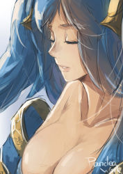 Rule 34 | 1girl, bare shoulders, blue hair, breasts, closed eyes, large breasts, league of legends, long hair, sky of morika, solo, sona (league of legends), twintails