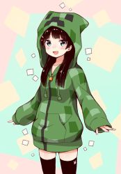 Rule 34 | 1girl, :d, black hair, black thighhighs, blue eyes, blush, collarbone, commentary request, cowboy shot, creeparka, creeper, drawstring, hair ornament, hairclip, highres, hood, legs apart, long hair, long sleeves, looking at viewer, minecraft, nijisanji, open mouth, parka, sidelocks, sleeves past wrists, smile, solo, standing, tadanoshi kabane, thighhighs, tsukino mito, virtual youtuber