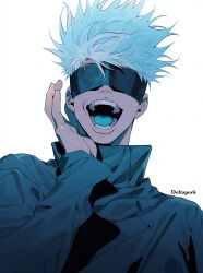 Rule 34 | 1boy, artist name, black coat, blindfold, blue tongue, coat, colored tongue, deltapork, gojou satoru, highres, jujutsu kaisen, looking at viewer, male focus, open mouth, short hair, shouting, signature, simple background, smile, solo, standing, upper body, white background