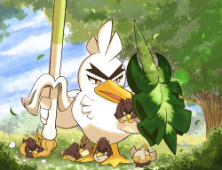 Rule 34 | bird, bright pupils, brown eyes, cloud, commentary request, creatures (company), day, galarian farfetch&#039;d, galarian form, game freak, gen 8 pokemon, grass, holding, falling leaves, nintendo, no humans, outdoors, pokemon, pokemon (creature), shield, shuri (syurigame), sirfetch&#039;d, sky, standing, tree, white pupils, aged down