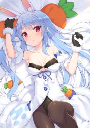 Rule 34 | 1girl, :o, animal ear fluff, animal ears, bare shoulders, bed sheet, black gloves, blue hair, blush, breasts, brown pantyhose, carrot, carrot-shaped pillow, cleavage, collarbone, commentary, gloves, hair down, hololive, looking at viewer, lying, medium breasts, multicolored hair, nemou, on back, pantyhose, rabbit-shaped pupils, rabbit ears, red eyes, solo, symbol-shaped pupils, thick eyebrows, two-tone hair, usada pekora, usada pekora (1st costume), virtual youtuber, white hair