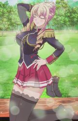 Rule 34 | 1girl, arm behind head, bertille althusser, blonde hair, blush, boots, drill hair, closed eyes, fence, grass, hand on own hip, kneeling, outdoors, school uniform, screencap, sky, smile, solo, stitched, thighhighs, third-party edit, tree, walkure romanze