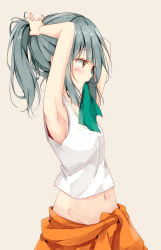Rule 34 | 10s, 1girl, adjusting hair, aqua hair, armpits, arms up, bare arms, blush, clothes around waist, crop top, from side, grey background, groin, kantai collection, long hair, midriff, mouth hold, navel, ponytail, profile, ribbon, ribbon in mouth, shiina kuro, simple background, solo, tank top, tying hair, upper body, yellow eyes, yuubari (kancolle)