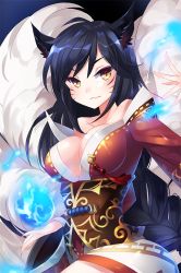 Rule 34 | 1girl, ahri (league of legends), animal ears, bare shoulders, black hair, breasts, cleavage, detached sleeves, facial mark, fingernails, fox ears, fox tail, korean clothes, large breasts, league of legends, lips, long hair, multiple tails, slit pupils, solo, tail, whisker markings, yellow eyes