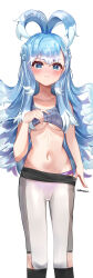 Rule 34 | 1girl, absurdres, alternate costume, blue eyes, blue hair, blush, breasts, closed mouth, clothes lift, clothes pull, collarbone, colored tips, commentary, cowboy shot, embarrassed, english commentary, highres, hololive, hololive indonesia, kobo kanaeru, long hair, looking at viewer, medium breasts, multicolored hair, navel, panties, pants, pants pull, panty peek, pink panties, rokusketch, see-through, simple background, solo, sports bra, sports bra lift, stomach, striped, tareme, tears, twitter username, two-tone hair, underboob, underwear, v-shaped eyebrows, vertical stripes, virtual youtuber, white background, white hair, white pants