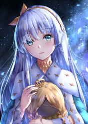 Rule 34 | 1girl, anastasia (fate), blue cloak, blue eyes, blush, brown hairband, brown ribbon, chahei, cloak, commentary request, crown, fate/grand order, fate (series), hair between eyes, hair ribbon, hairband, hand up, highres, light brown hair, long hair, looking at viewer, mini crown, parted lips, ribbon, silver hair, solo, very long hair