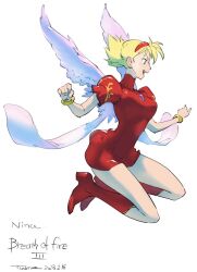 Rule 34 | 1girl, angel wings, blonde hair, boots, breasts, breath of fire, breath of fire iii, copyright name, dated, dress, feathered wings, full body, green eyes, hairband, medium breasts, nina (breath of fire iii), puffy sleeves, short hair, simple background, smile, solo, tombiiwa, white wings, wings