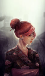 Rule 34 | 1girl, brown eyes, cloud print, commentary, earrings, english commentary, floral print, hair bun, hair ornament, hair stick, highres, japanese clothes, jewelry, kimono, lips, nose, original, pink sash, rain, red hair, red lips, sash, single hair bun, solo, sparkle, trung doan, water