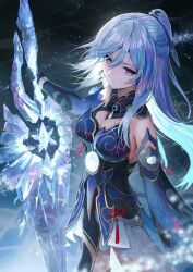 Rule 34 | 1girl, bare shoulders, black gloves, blue dress, blue hair, blue sleeves, closed mouth, commentary request, cowboy shot, crystal sword, detached sleeves, dress, expressionless, gloves, highres, holding, holding sword, holding weapon, honkai: star rail, honkai (series), ice shard, jingliu (honkai: star rail), long hair, pi (p77777778), ponytail, purple eyes, sleeveless, sleeveless dress, solo, sword, weapon