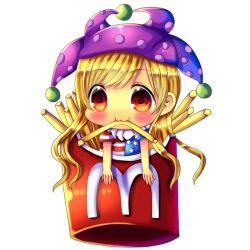 Rule 34 | 1girl, :3, american flag dress, blonde hair, chibi, chocolat (momoiro piano), clownpiece, food, french fries, hat, jester cap, long hair, mcdonald&#039;s, mini person, minigirl, mouth hold, red eyes, solo, touhou, very long hair, wings