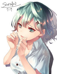 Rule 34 | 10s, 1girl, alternate costume, alternate hairstyle, aqua eyes, aqua hair, arms up, artist name, bad id, bad nicoseiga id, blouse, commentary request, dated, eyebrows, hair ornament, hairclip, highres, kantai collection, saraki, shirt, short hair, simple background, solo, suzuya (kancolle), white background, white shirt