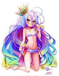 Rule 34 | 1girl, :3, absurdly long hair, antenna hair, arm at side, bare shoulders, barefoot, bikini, blonde hair, blue hair, blush, bow, bright pupils, closed mouth, commentary request, corrupted twitter file, crown, eyelashes, flat chest, frilled bikini, frilled wrist cuffs, frills, full body, fusen haru, gradient hair, green hair, hair between eyes, halterneck, hand up, highleg, highleg bikini, highres, kneeling, long bangs, long hair, looking at viewer, midriff, multicolored hair, navel, no game no life, playing with own hair, purple bikini, purple hair, red bow, ribs, shiro (no game no life), signature, simple background, skinny, smile, solo, swimsuit, very long hair, white background, wrist cuffs, yellow eyes