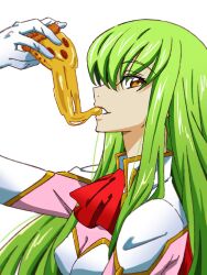 Rule 34 | 1girl, ascot, breasts, c.c., cheese trail, code geass, eating, food, from side, gloves, green hair, highres, holding, holding food, holding pizza, keeemu (gouf2016), long hair, looking at viewer, pizza, pizza slice, red ascot, simple background, small breasts, solo, white background, white gloves, yellow eyes