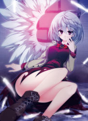 Rule 34 | 1girl, angel wings, boots, convenient leg, cross-laced footwear, dress, feathers, hand to own mouth, jacket, kishin sagume, long sleeves, open clothes, open jacket, purple dress, purple eyes, sakurame, silver hair, single wing, sitting, solo, thick thighs, thighs, touhou, wide hips, wings