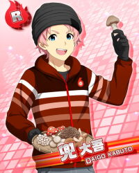 Rule 34 | 1boy, beanie, black gloves, black hat, card (medium), character name, coat, gloves, hat, holding, holding mushroom, idolmaster, idolmaster side-m, kabuto daigo, long sleeves, looking at viewer, male focus, mushroom, official art, open mouth, pink background, pink hair, solo