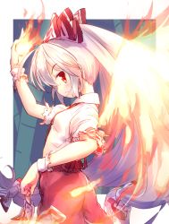 Rule 34 | 1girl, bamboo, bamboo forest, border, bow, closed mouth, cowboy shot, fire, forest, from side, fujiwara no mokou, hair bow, isu (is88), long hair, looking at viewer, multiple bows, nature, ofuda, ofuda on clothes, outdoors, pants, pyrokinesis, red eyes, red pants, shirt, solo, standing, suspenders, torn clothes, torn sleeves, touhou, very long hair, white border, white hair, white shirt