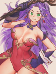 Rule 34 | 1girl, angela (seiken densetsu 3), bare shoulders, breasts, cleavage, closed mouth, cowboy shot, earrings, gloves, green eyes, hair intakes, hand on own hip, highres, holding, holding staff, jewelry, leotard, long hair, looking at viewer, medium breasts, midriff, natto soup, pointy ears, purple gloves, purple hair, red leotard, seiken densetsu, seiken densetsu 3, smile, solo, staff, strapless, strapless leotard, very long hair