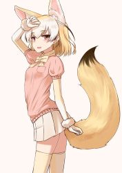 Rule 34 | 10s, 1girl, animal ears, blonde hair, blush, bow, bowtie, breast pocket, brown eyes, contrapposto, cowboy shot, fang, fennec (kemono friends), fox ears, fox tail, from side, gloves, highres, kemono friends, looking at viewer, miniskirt, multicolored hair, open mouth, pleated skirt, pocket, short-sleeved sweater, short hair, short sleeves, simple background, skirt, smile, solo, standing, sweater, tail, thighhighs, white skirt, yakob labo, zettai ryouiki