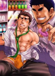 Rule 34 | 2boys, 2others, abs, bara, blue hair, blush, brown hair, bulge, cum, cum in clothes, cum through clothes, dark blue hair, erection, erection under clothes, facial hair, green neckwear, grin, highres, large pectorals, male focus, manly, multiple boys, multiple others, muscular, navel, nipples, original, partially undressed, pectorals, public indecency, public vibrator, sex toy, short hair, sideburns, smile, terujirou (masateruteru), thick eyebrows, vibrator, vibrator cord, vibrator under clothes