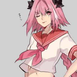Rule 34 | 1boy, astolfo (fate), astolfo (sailor paladin) (fate), blush, braid, fang, fate/apocrypha, fate/grand order, fate (series), hair ribbon, highres, kotobuki (wk231414), long hair, looking at viewer, male focus, neckerchief, official alternate costume, open mouth, pink hair, pleated skirt, purple eyes, ribbon, school uniform, serafuku, simple background, single braid, skirt, smile, solo, trap
