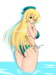 Rule 34 | 10s, 1girl, ass, atago (kancolle), beret, bikini, blonde hair, from behind, fujikusa, green eyes, hat, highres, kantai collection, long hair, simple background, solo, swimsuit