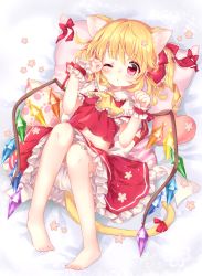Rule 34 | 1girl, ;o, absurdres, animal ears, ascot, barefoot, bed sheet, blonde hair, bloomers, blush, cat ears, cat tail, crystal, diagonal stripes, flandre scarlet, flower, frilled ascot, frilled shirt collar, frills, from above, full body, hair ribbon, heart, highres, kemonomimi mode, knees up, long hair, looking at viewer, lying, mimi (mimi puru), nail art, nail polish, no headwear, on back, one eye closed, paw pose, paw print, pigeon-toed, pillow, pink nails, puffy short sleeves, puffy sleeves, red eyes, red ribbon, ribbon, short sleeves, side ponytail, skirt, skirt set, solo, striped, tail, tail ornament, tail ribbon, toenail polish, toenails, touhou, underwear, wings, wrist cuffs, yellow ascot