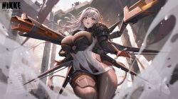 Rule 34 | 1girl, absurdres, armor, armored gloves, bandaged head, bandages, black armor, black gloves, bodystocking, boobplate, breastplate, breasts, chinese commentary, cleavage, commentary, covered navel, dress, dust, fingerless gloves, gloves, goddess of victory: nikke, grey hair, gun, hair between eyes, hair ornament, hair ribbon, highres, hui z jie, large breasts, logo, long hair, looking at viewer, mecha musume, mechanical tail, modernia (nikke), outdoors, parted lips, rapture (nikke), red eyes, ribbon, see-through, see-through cleavage, shoulder armor, sidelocks, solo focus, standing, tail, tears, weapon, white dress, yellow ribbon
