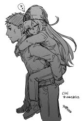 Rule 34 | 1boy, 1girl, admiral (kancolle), beanie, boots, carrying, carrying person, closed eyes, commentary request, greyscale, hat, hibiki (kancolle), highres, jacket, kantai collection, long hair, misato (3 5 7), monochrome, pants, piggyback, simple background, sketch, sleeping, winter clothes, zzz