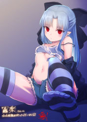 Rule 34 | 1girl, absurdres, akaya shiki, alternate costume, black bow, black bra, blue hair, blush, bow, bra, breasts, closed mouth, commentary request, cutoffs, denim, denim shorts, feet, foot out of frame, gradient background, hair bow, half updo, head tilt, highleg, highleg panties, highres, huge filesize, large bow, len (tsukihime), long hair, looking at viewer, midriff, navel, no pupils, off shoulder, panties, panty straps, parted bangs, partially unzipped, purple background, red eyes, shirt, shorts, sidelocks, signature, sitting, small breasts, soles, solo, stomach, strap slip, striped clothes, striped thighhighs, thighhighs, thong, tied shirt, tsukihime, underwear
