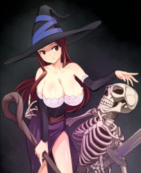 Rule 34 | 1girl, bare shoulders, breasts, brown eyes, brown hair, caryo, cleavage, collarbone, detached sleeves, dragon&#039;s crown, dress, hat, huge breasts, leaning forward, light smile, long hair, looking at viewer, nanashino, side slit, skeleton, solo, sorceress (dragon&#039;s crown), staff, strapless, strapless dress, sword, weapon, witch hat