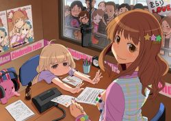 Rule 34 | 10s, 2girls, :3, ahoge, blonde hair, bored, bottle, brown eyes, brown hair, camera phone, cellphone, chiyomi, clock, crowd, cup, doll, hand fan, futaba anzu, hair ornament, hairclip, headphones, idolmaster, idolmaster cinderella girls, long hair, looking at viewer, looking back, microphone, moroboshi kirari, multiple girls, outstretched arms, paper fan, pen, phone, poster (object), pout, smile, star (symbol), star hair ornament, stuffed animal, stuffed rabbit, stuffed toy, uchiwa