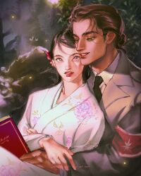 Rule 34 | 1boy, 1girl, armband, artist name, black hair, black necktie, book, brown hair, collared shirt, couple, eren yeager, facial scar, floral print, flower, grey jacket, hair flower, hair ornament, hair pulled back, hetero, highres, holding, holding book, hug, hug from behind, jacket, japanese clothes, kimono, lacampanule, looking at another, mikasa ackerman, necktie, parted lips, pink flower, print kimono, reading, red armband, scar, scar on cheek, scar on face, shingeki no kyojin, shirt, smile, suit jacket, upper body, white shirt