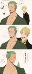 Rule 34 | 2boys, 3koma, :p, alcohol, animal ears, annoyed, bara, beer, blonde hair, blowing smoke, blush, bowl, comic, dumbbell, full-face blush, fume, glaring, green hair, green kimono, hd189733b, highres, japanese clothes, kemonomimi mode, kimono, large pectorals, male focus, multiple boys, muscular, muscular male, one piece, pectoral cleavage, pectorals, rice bowl, roronoa zoro, sanji (one piece), scar, scar across eye, short hair, sideburns, smoking, sweatdrop, thought bubble, tiger ears, tongue, tongue out, translation request, upper body