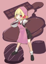Rule 34 | 1girl, apron, black skirt, blonde hair, blouse, bow, chocolate, cooking, food, food background, food on face, full body, hair bow, hair ribbon, highres, hino (yuruyurukoubou), long sleeves, looking at viewer, mary janes, necktie, red bow, red eyes, red necktie, red ribbon, ribbon, rumia, shirt, shoes, short hair, skirt, socks, solo, tongue, tongue out, touhou, white shirt, white socks, wing collar